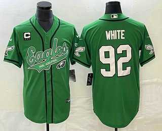 Mens Philadelphia Eagles #92 Reggie White Green C Patch Cool Base Stitched Baseball Jersey